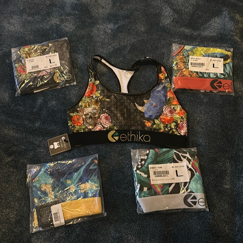 A variety pack of 5 size large ethika sports bras